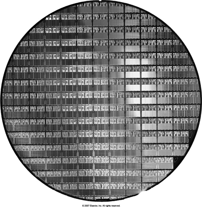 A 300mm wafer containing 117 AMD Opteron chips implemented in a 90nm process.