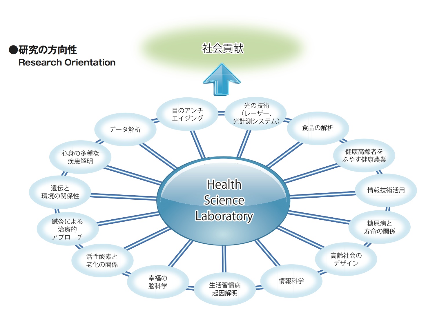 Health Science Laboratory の研究の方向性を示すダイアグラム。食品の解析・健康農業・糖尿病と寿命の関係・鍼灸・幸福の脳科学など多様なテーマが社会貢献へと向かう